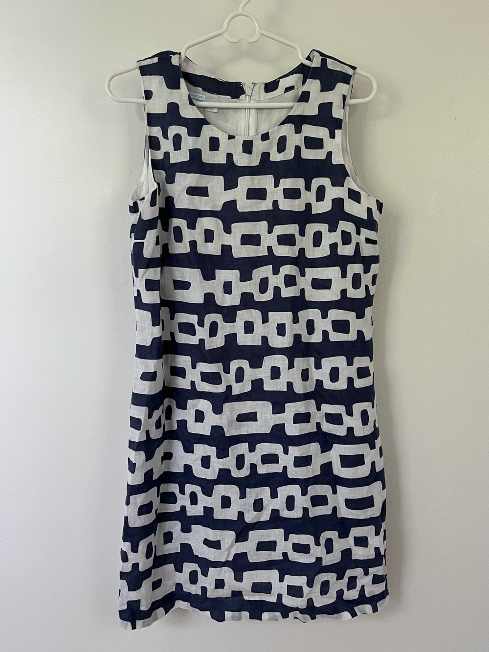 Cotton Sleeveless Navy and White Geometric Shift Dress